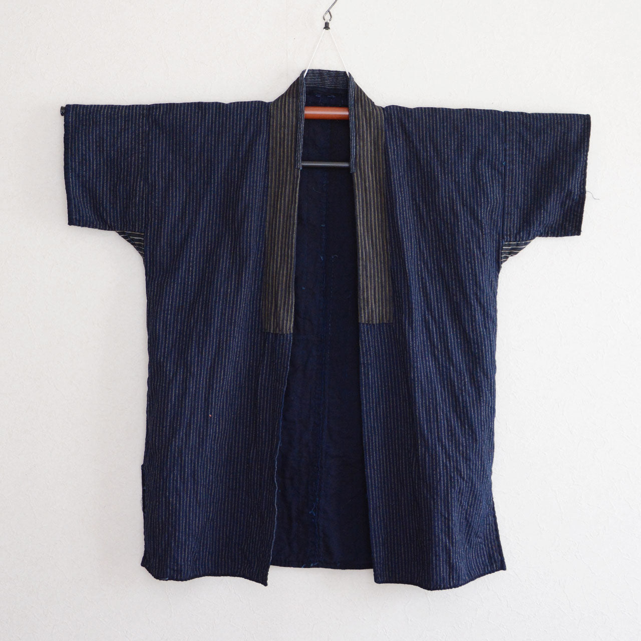 Short-Sleeve Indigo-Dyed Noragi in Striped Cotton Fabric