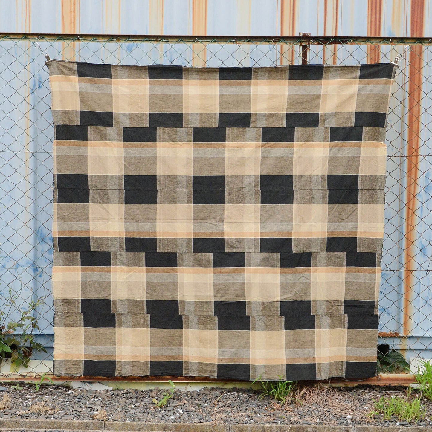 Japanese Fabric Cotton Futon Cover Checkered Pattern Vintage Textile