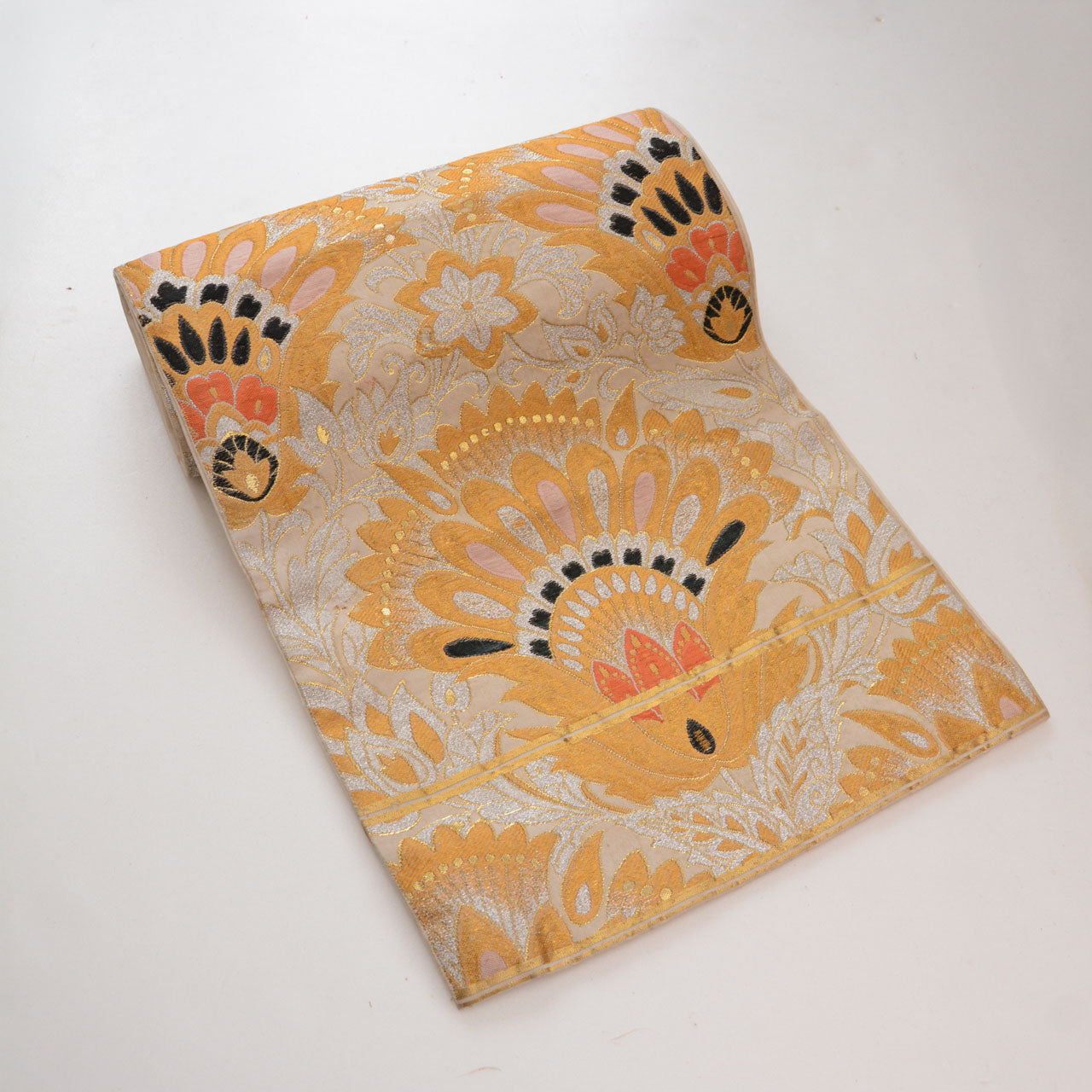 Showa era Japanese textile, fukuro obi belt featuring floral motifs in gold and silver thread