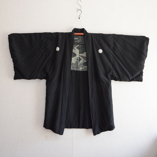 Black Haori Jacket Kimono Japane Vintage Montsuki Nihonga Art