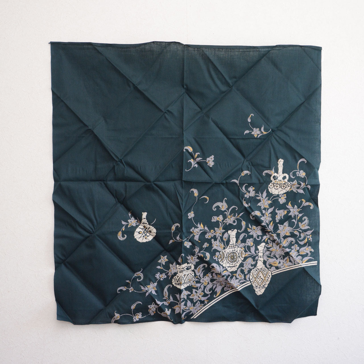 Traditional Japanese wrapping cloth in deep green with intricate floral patterns