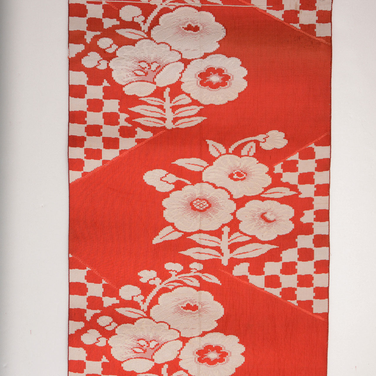 Japanese vintage silk textile with floral motif and checkered pattern