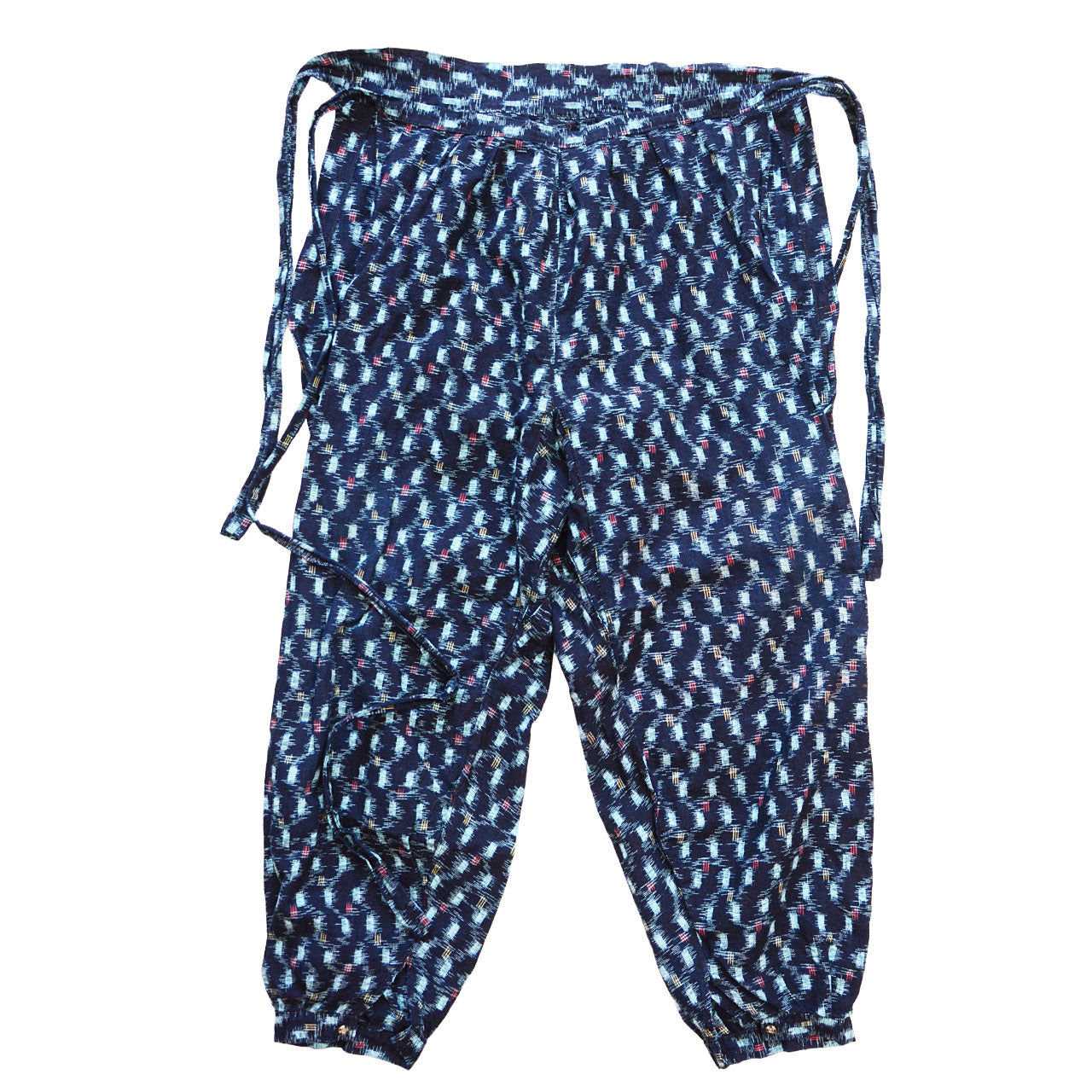 Vintage Japanese work pants with traditional kasuri pattern in deep indigo