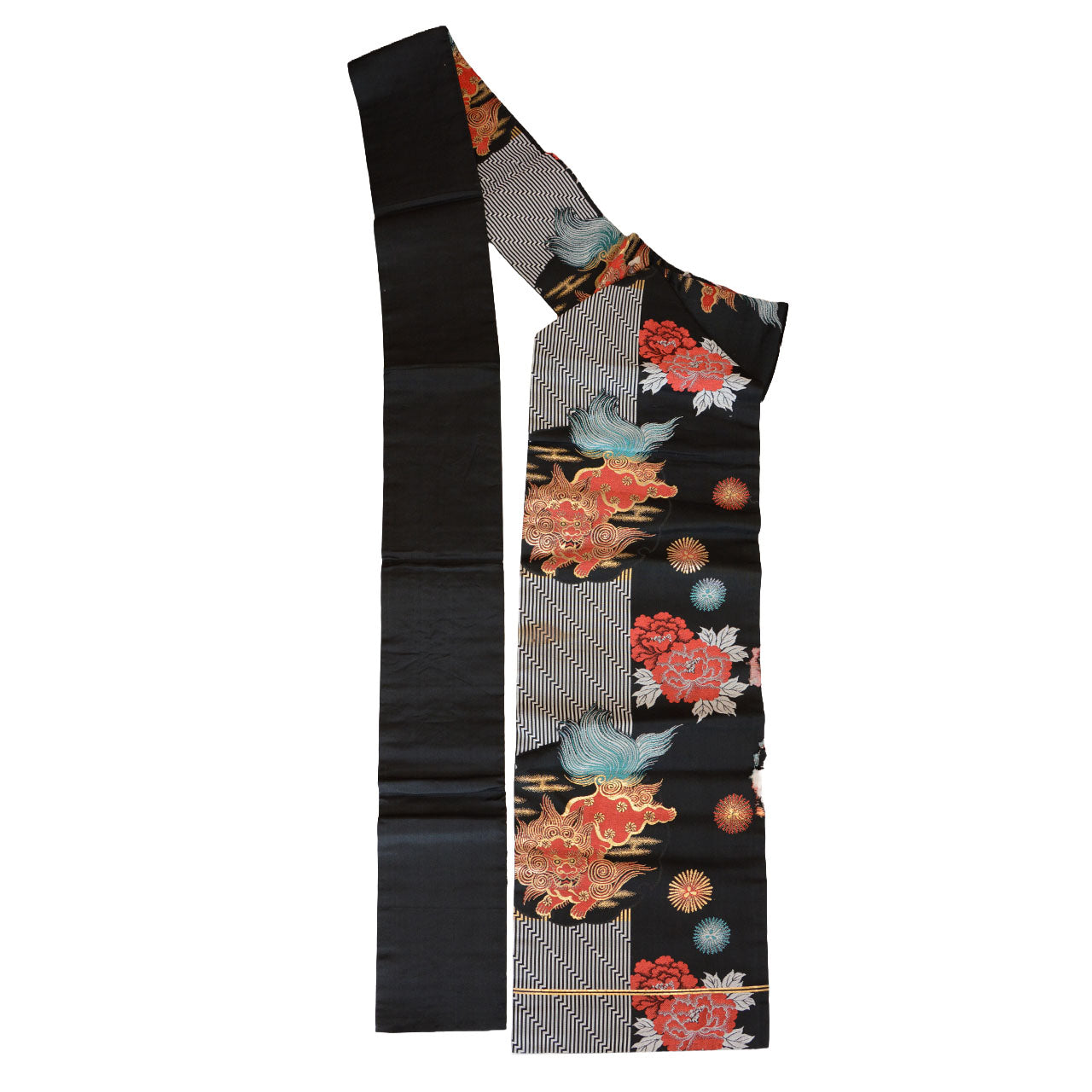 Japanese vintage obi fabric featuring karajishi and peony patterns