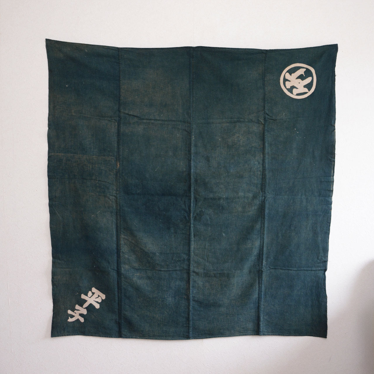 Vintage Japanese furoshiki, early Showa era, greenish indigo, four-panel cotton fabric