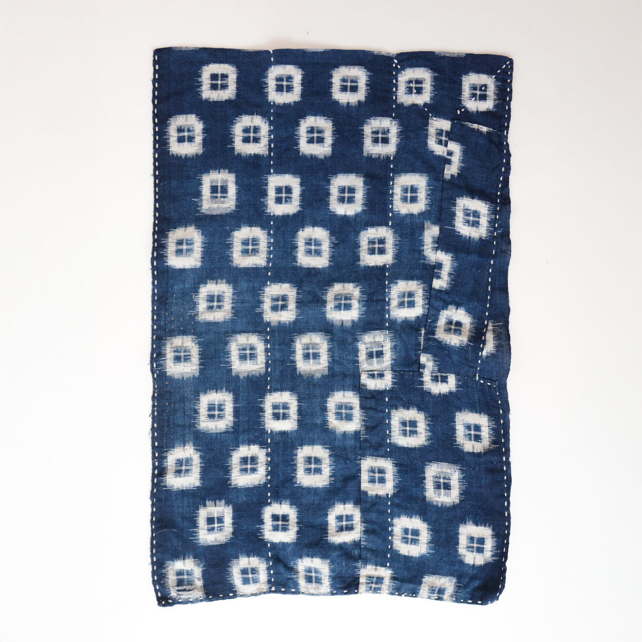 Hand-stitched sashiko patchwork on indigo kasuri cloth vintage cleaning rag