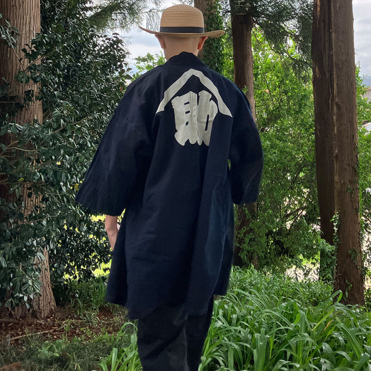 Vintage indigo happi coat for men with kanji design