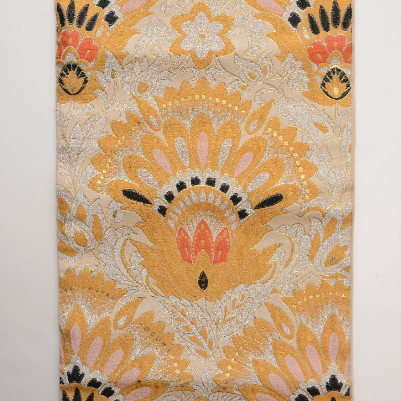 Japanese vintage textile belt with repeating floral patterns and metallic thread weaving