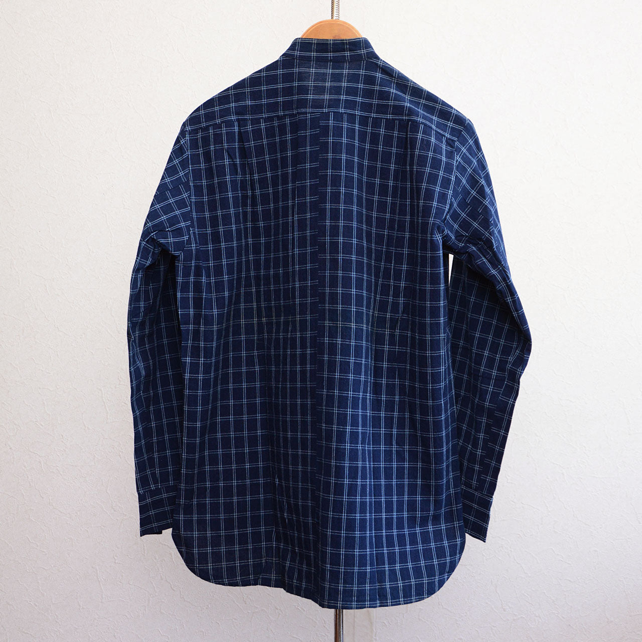 One-of-a-kind artisan indigo shirt with white grid pattern