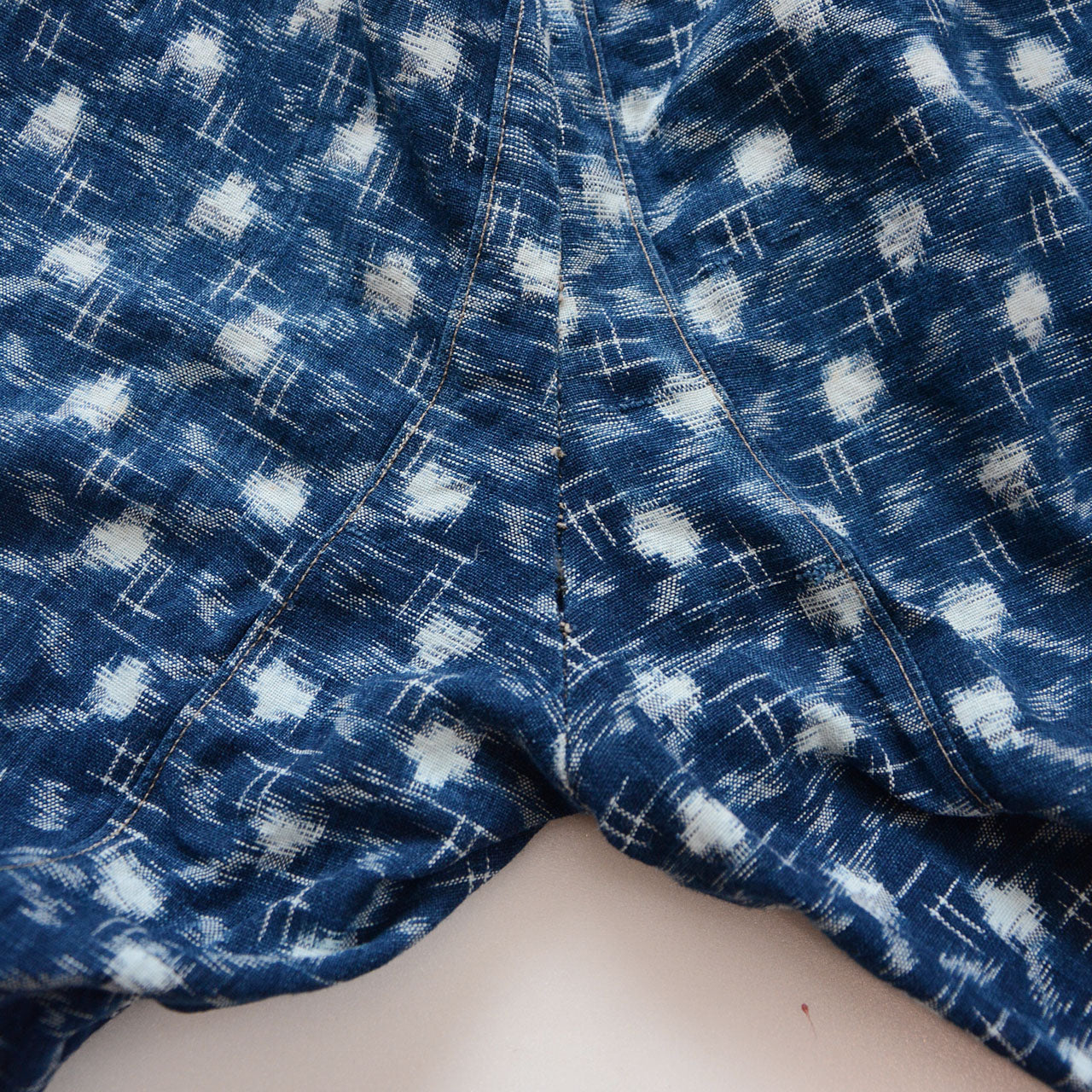 Oversized monpe trousers from the mid-Showa era with traditional kasuri patterns