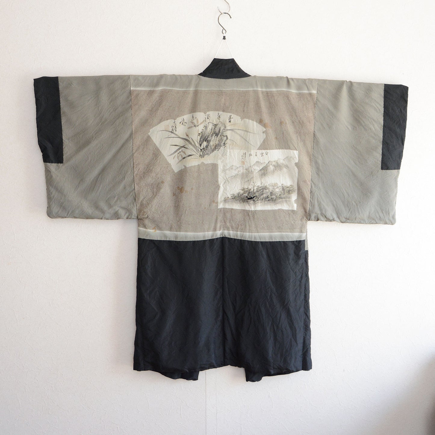Black Haori Jacket Kimono Long Japanese Vintage Montsuki Nihonga Art