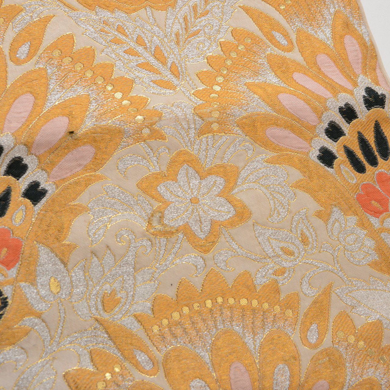 Fukuro obi belt from Japan, woven with gold and silver threads in a floral design