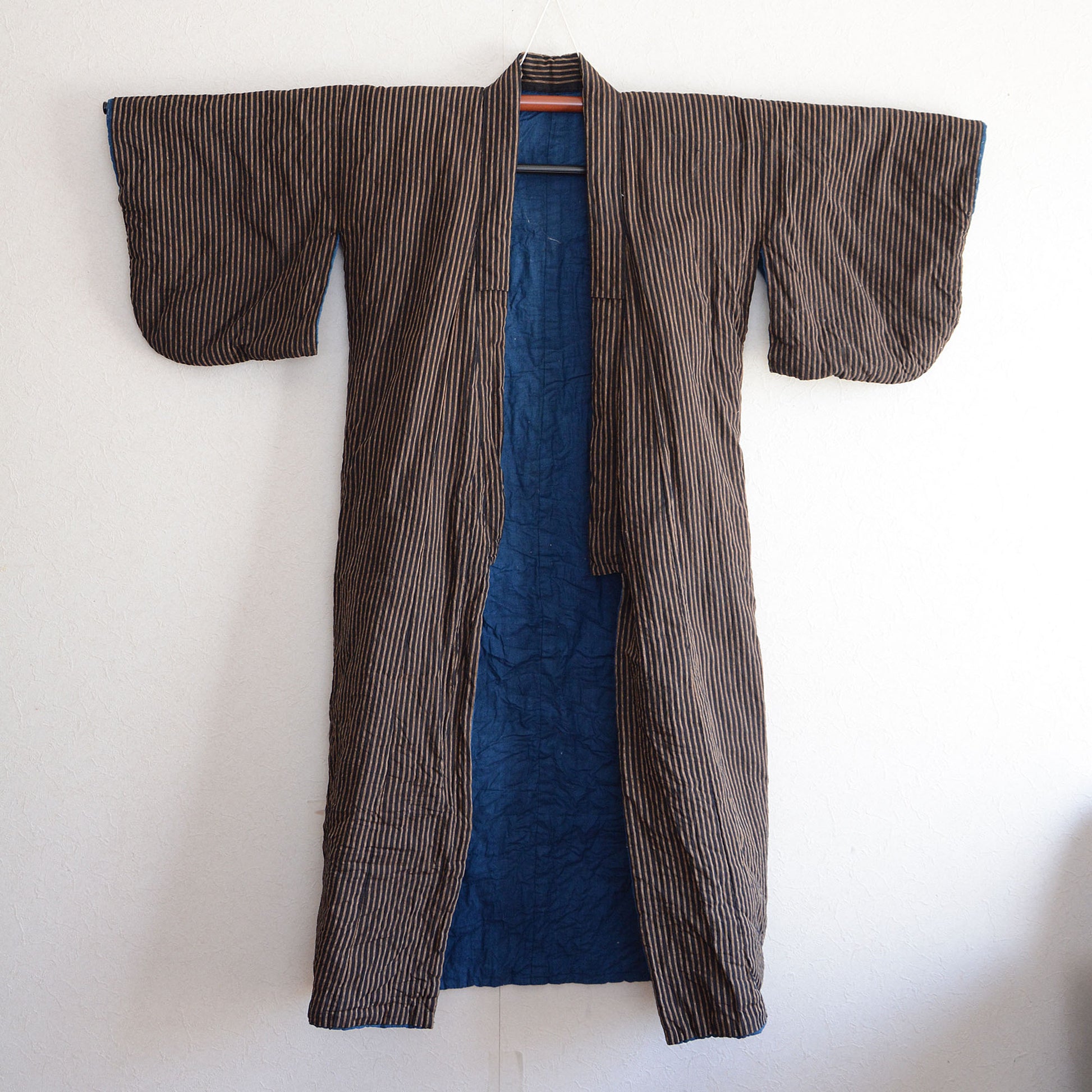 Japanese vintage long hanten with classic stripe design in indigo cotton fabric