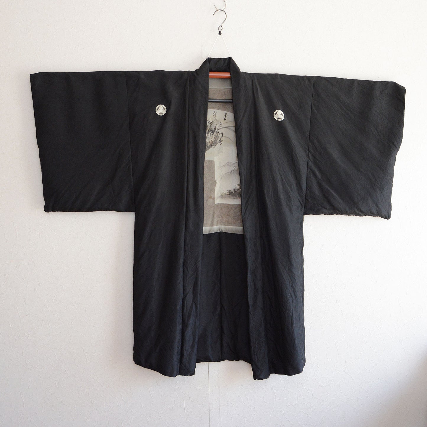 Black Haori Jacket Kimono Long Japanese Vintage Montsuki Nihonga Art