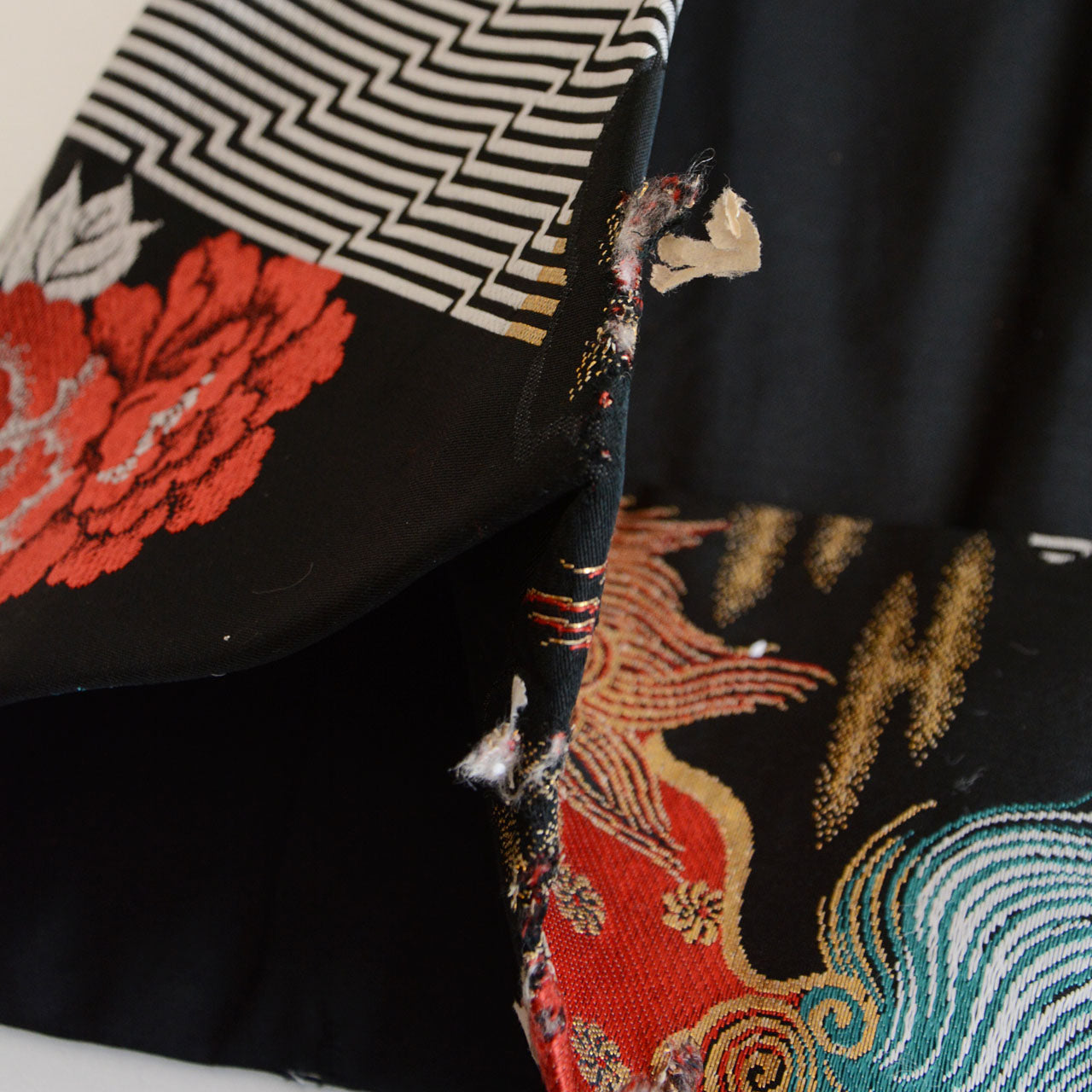 Antique Japanese obi textile with woven karajishi and peony designs