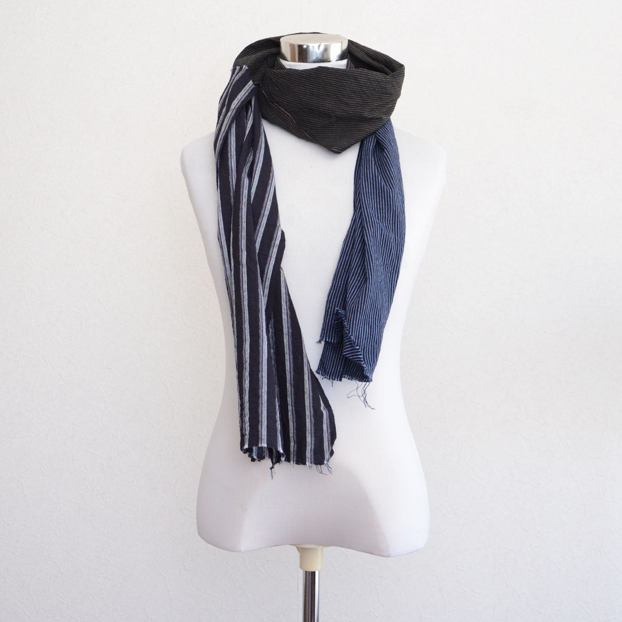 One-of-a-kind handmade stole crafted from vintage indigo and striped fabrics