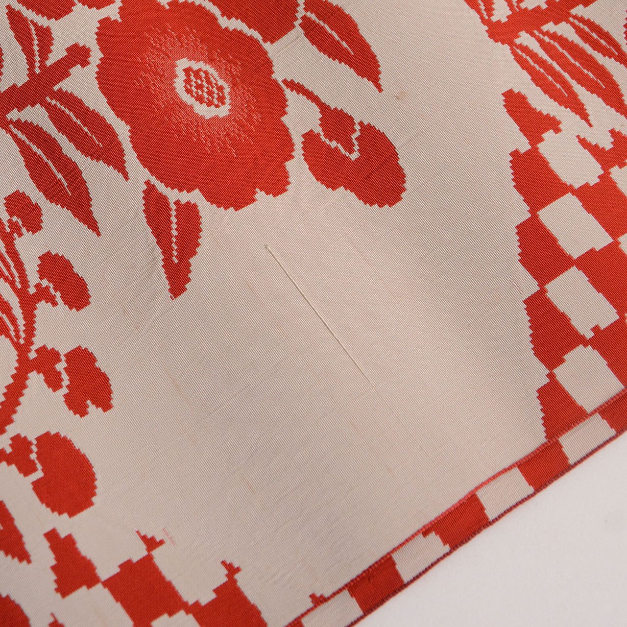 Vintage Japanese obi textile featuring floral and checkered design