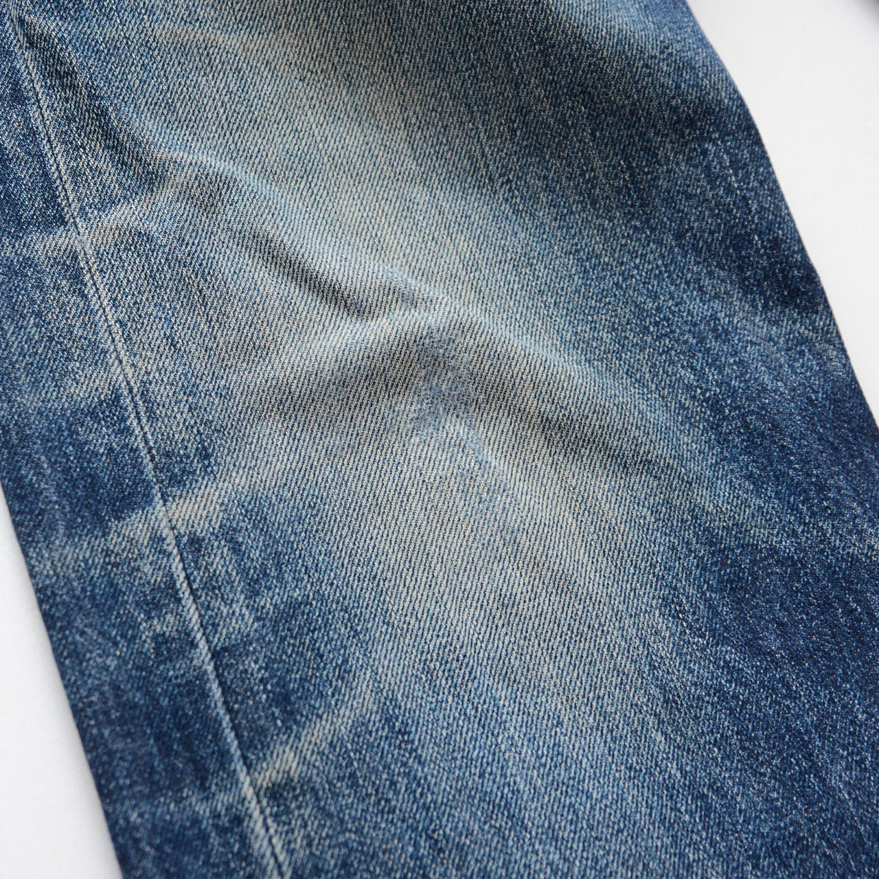 Levi's 501 jeans, overall fading with contrast at seams and pockets, vintage indigo denim