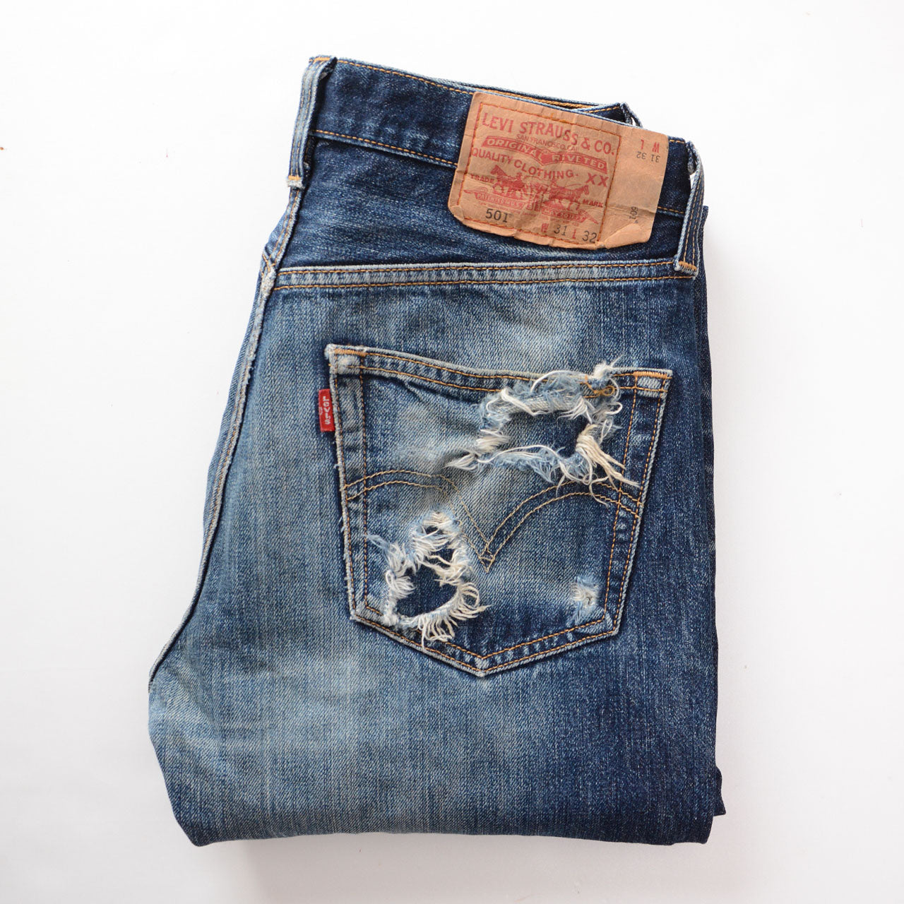 Levi's 501, distressed blue denim, honeycomb and whisker fade, Philippines, 2009 vintage