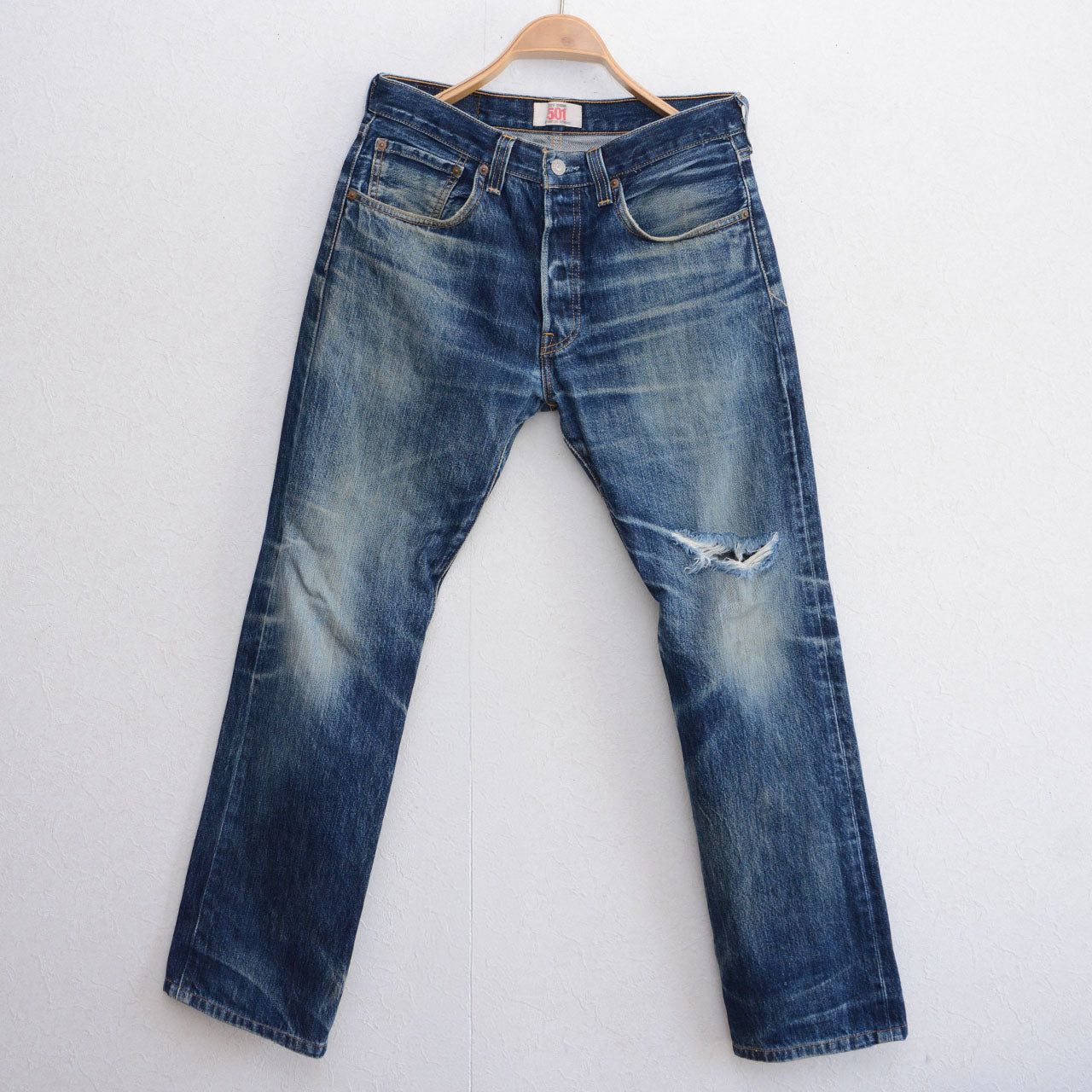 Levi's 501, faded indigo denim, pronounced whisker fading at hips, 2009, Philippines production