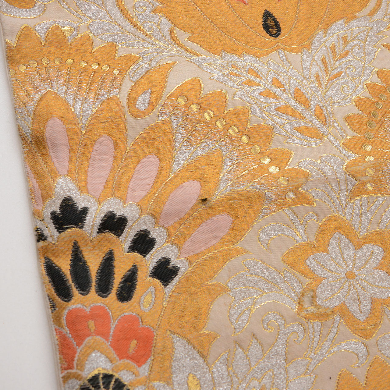 Japanese Showa era woven textile with floral motifs and metallic thread detailing