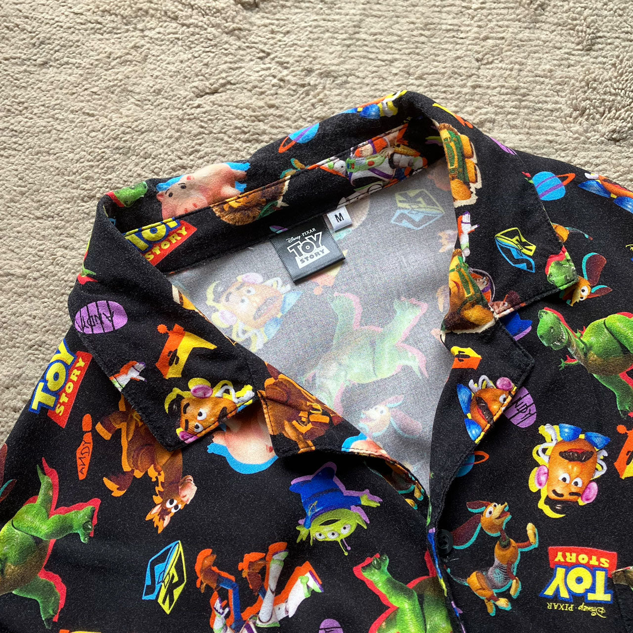 Disney Pixar black Hawaiian shirt with Woody and Mr. Potato Head print, Japan domestic release, mens M