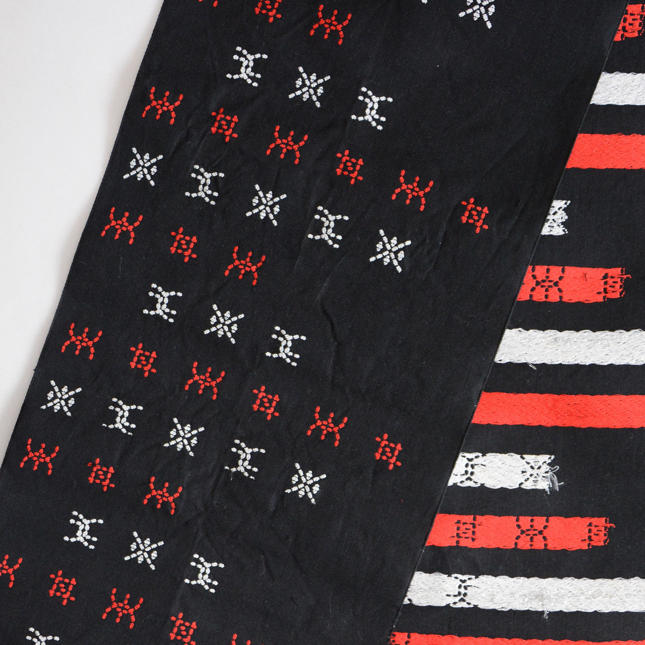 Japanese vintage embroidered cotton textile shown in folded roll condition