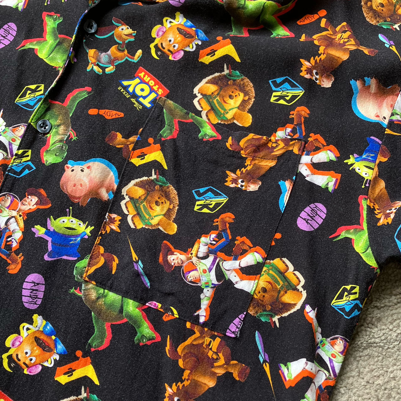 Black short sleeve shirt with Toy Story character all over print, Disney Pixar, Japan exclusive, rayon, M