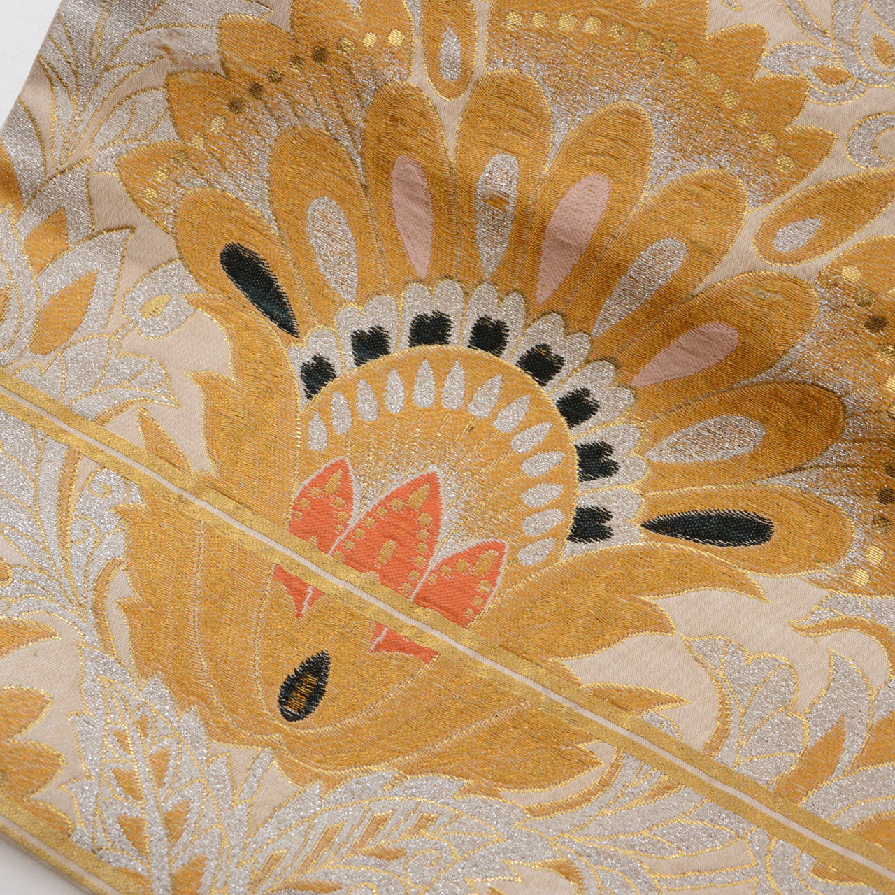 Showa period Japanese fukuro obi belt with woven floral pattern and metallic threads