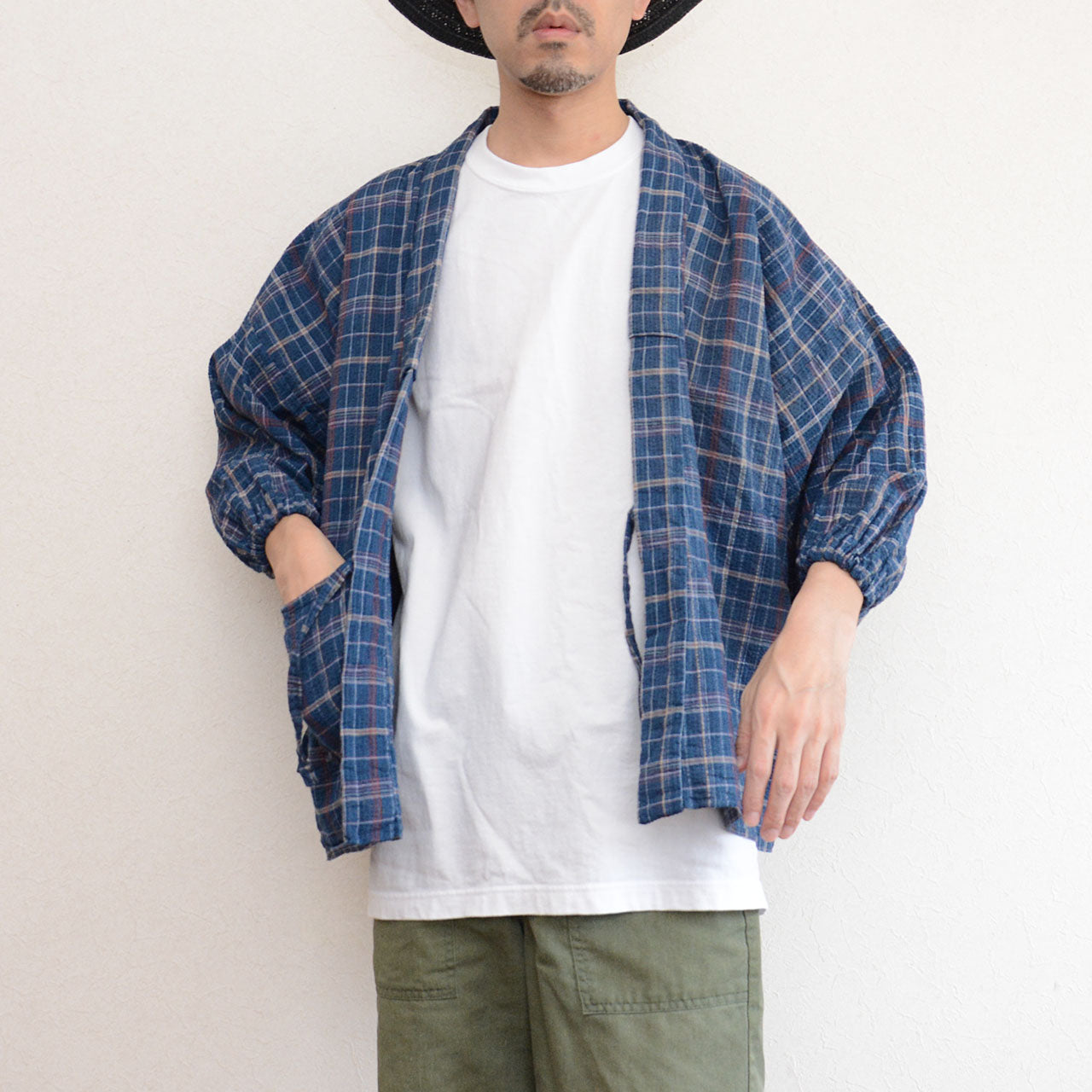 Classic Japanese garment with a subtle checkered design and front tie