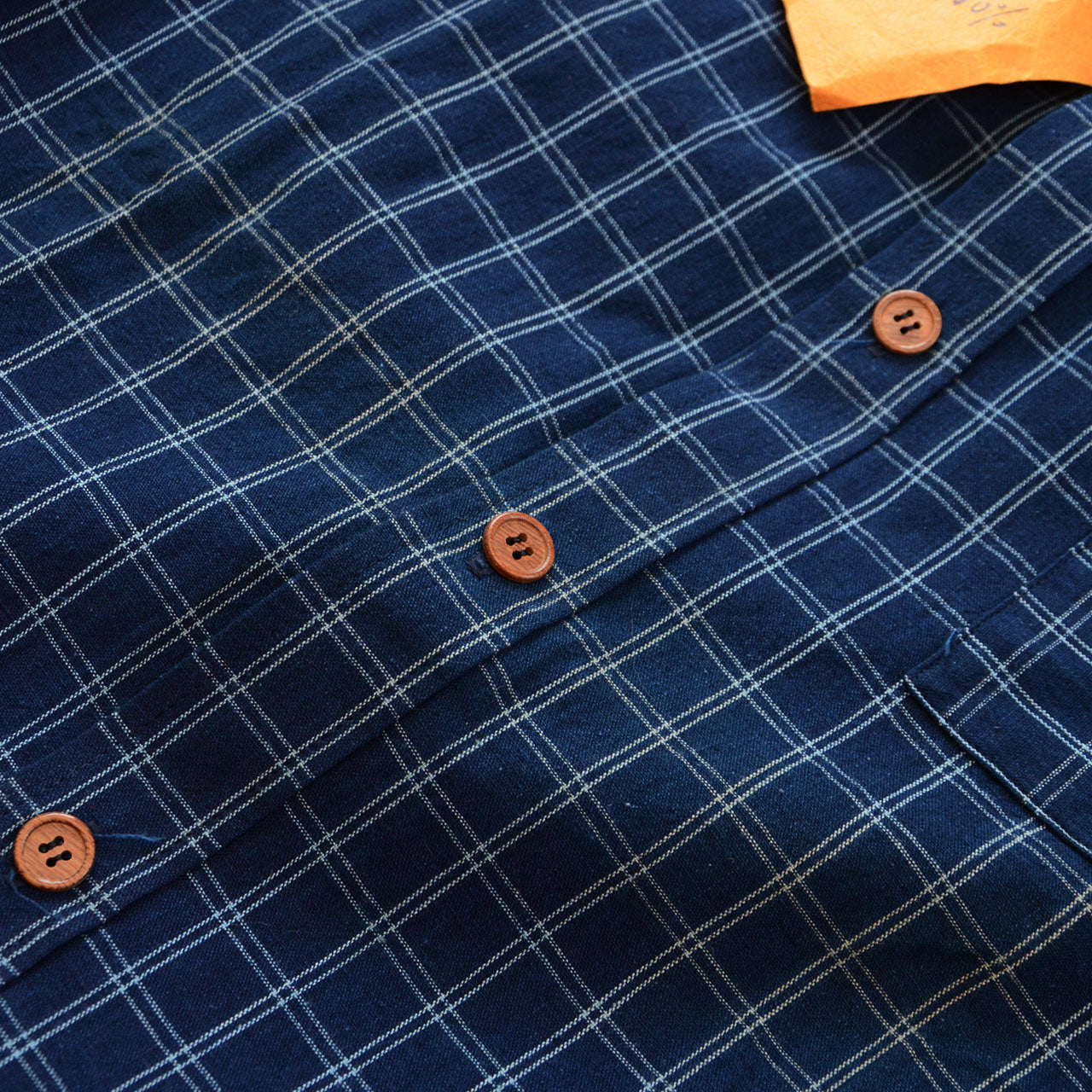 Unisex indigo check shirt with vintage texture