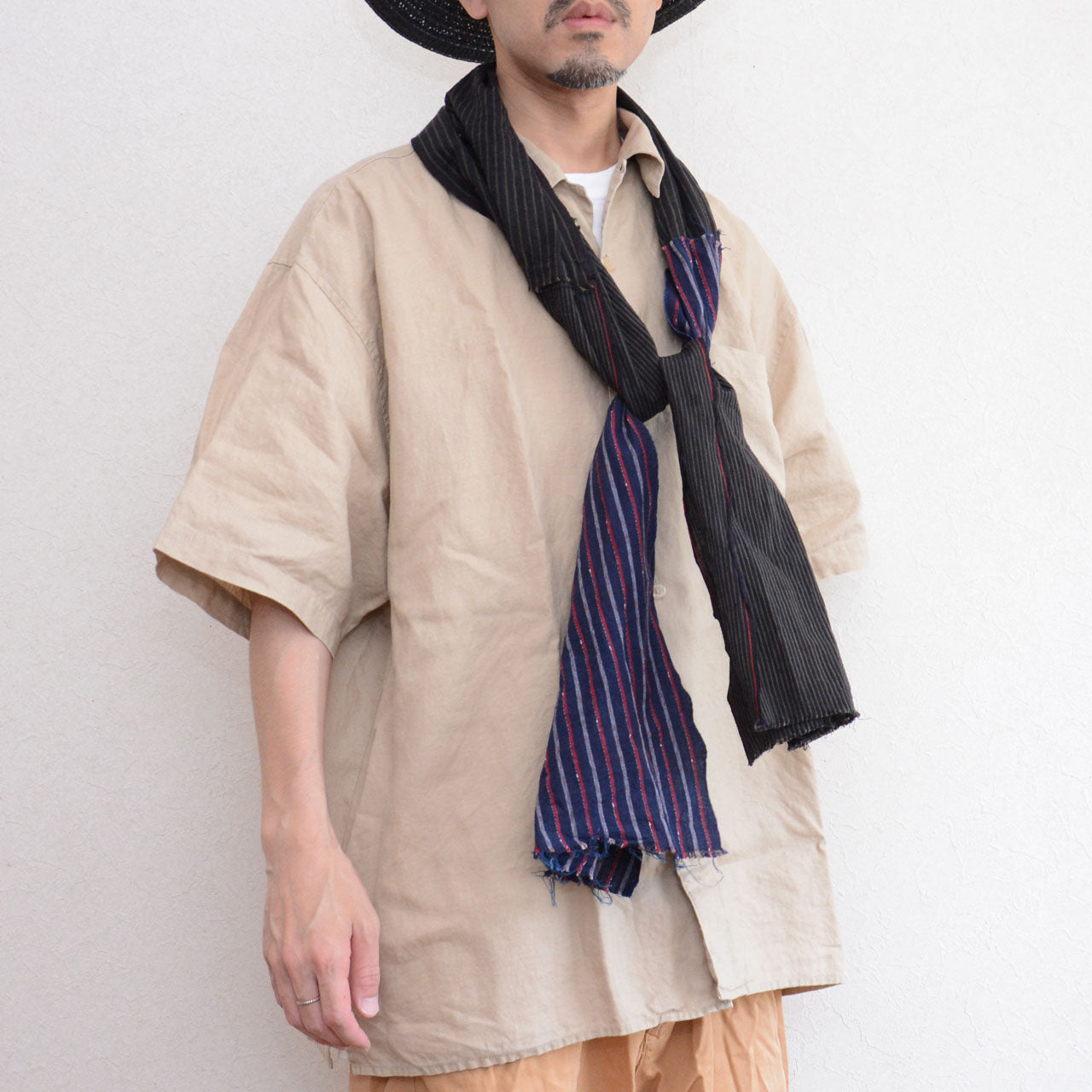 Reclaimed cotton fabric scarf showing age and craftsmanship