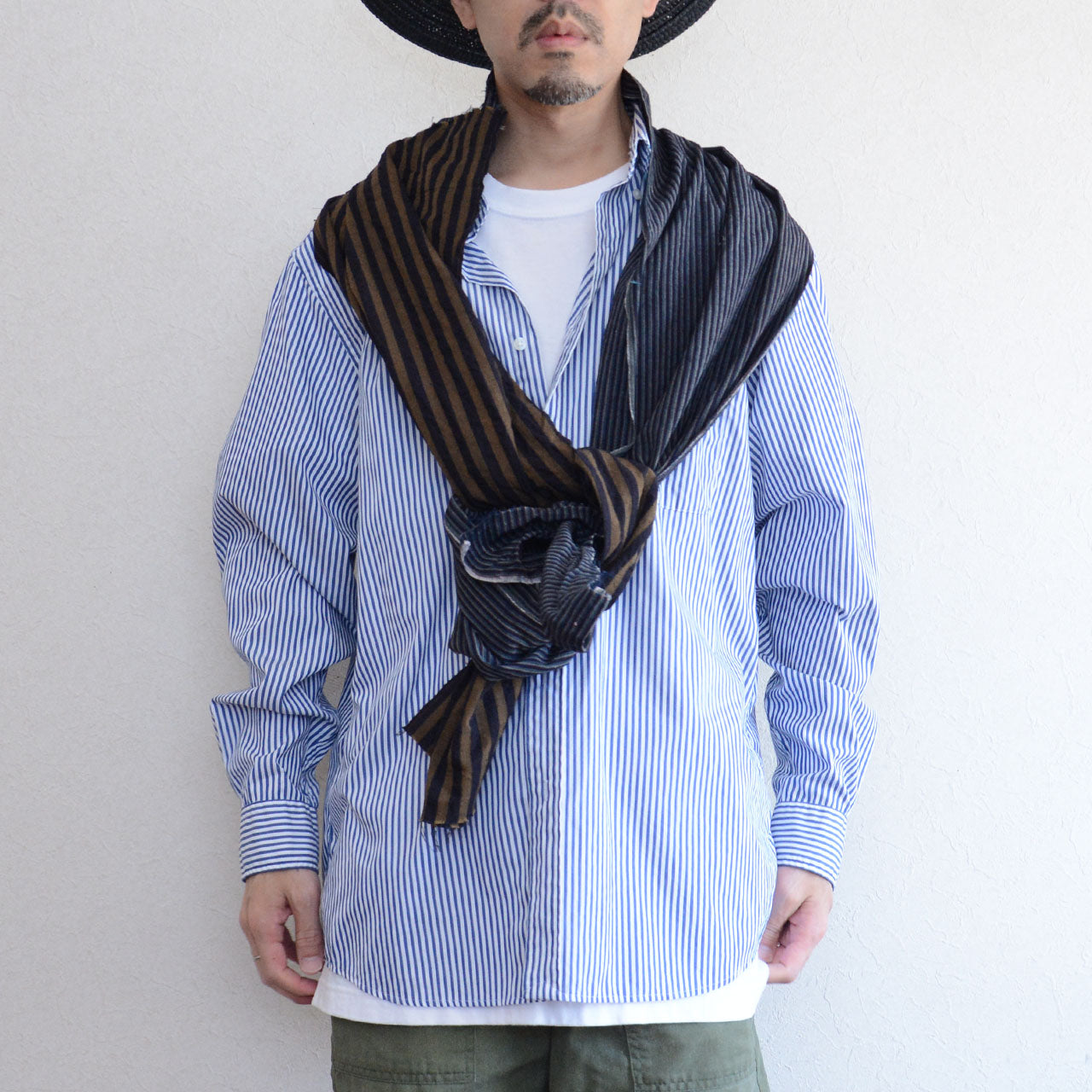 Antique Japanese textile scarf styled with modern casual wear