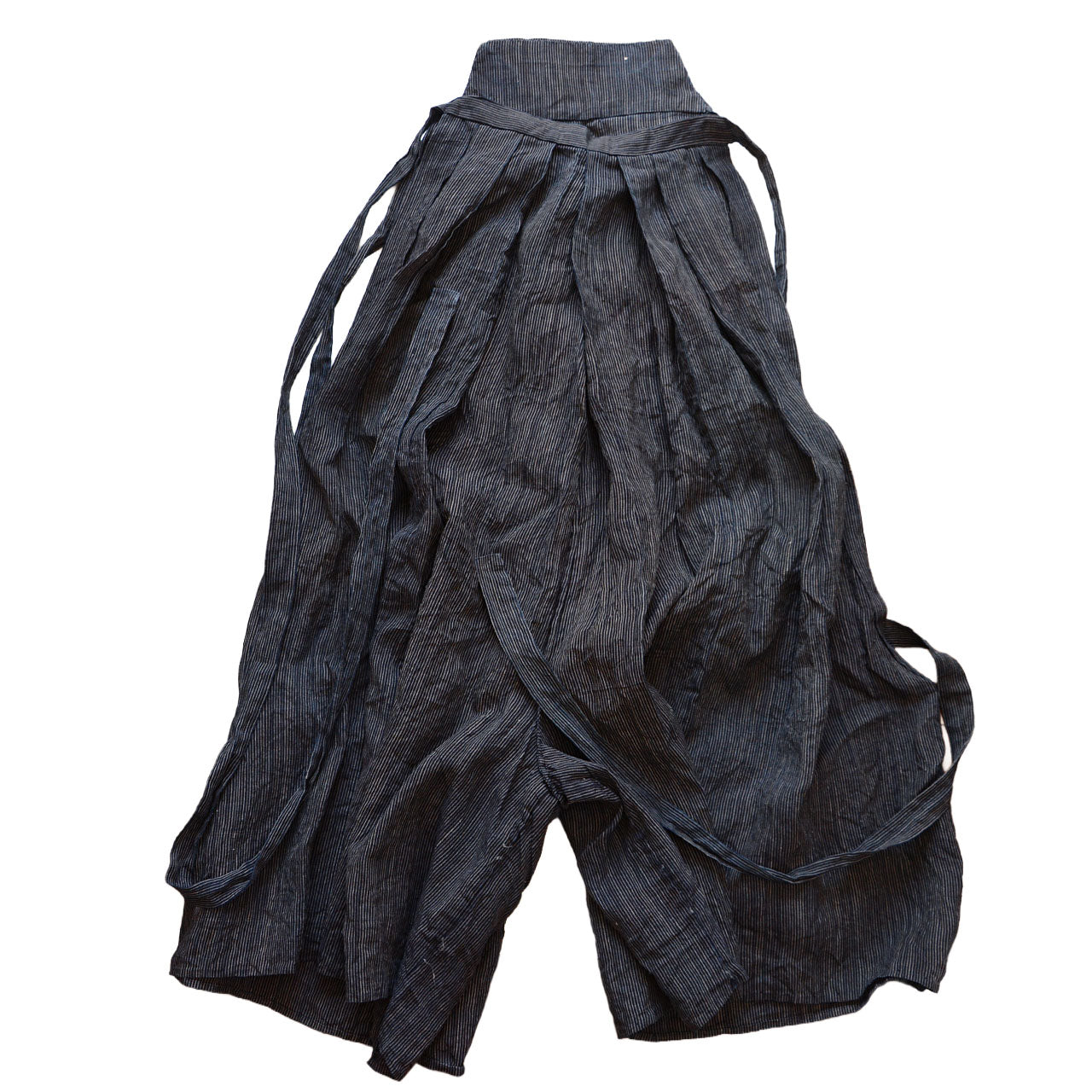 Indigo-dyed hemp pants with side slits, characteristic of umanori style