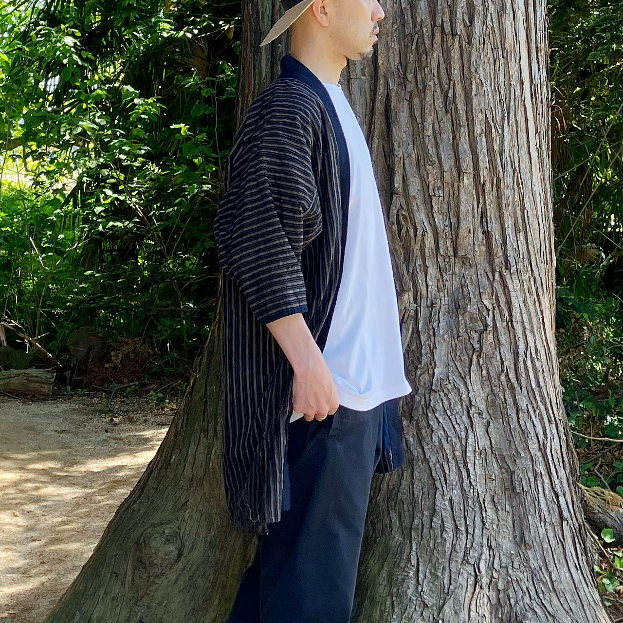 Vintage Noragi jacket in indigo cotton with subtle stripe pattern