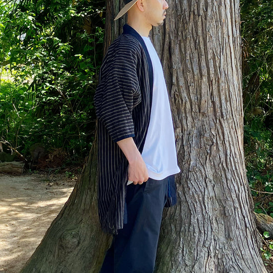 Vintage Noragi jacket in indigo cotton with subtle stripe pattern