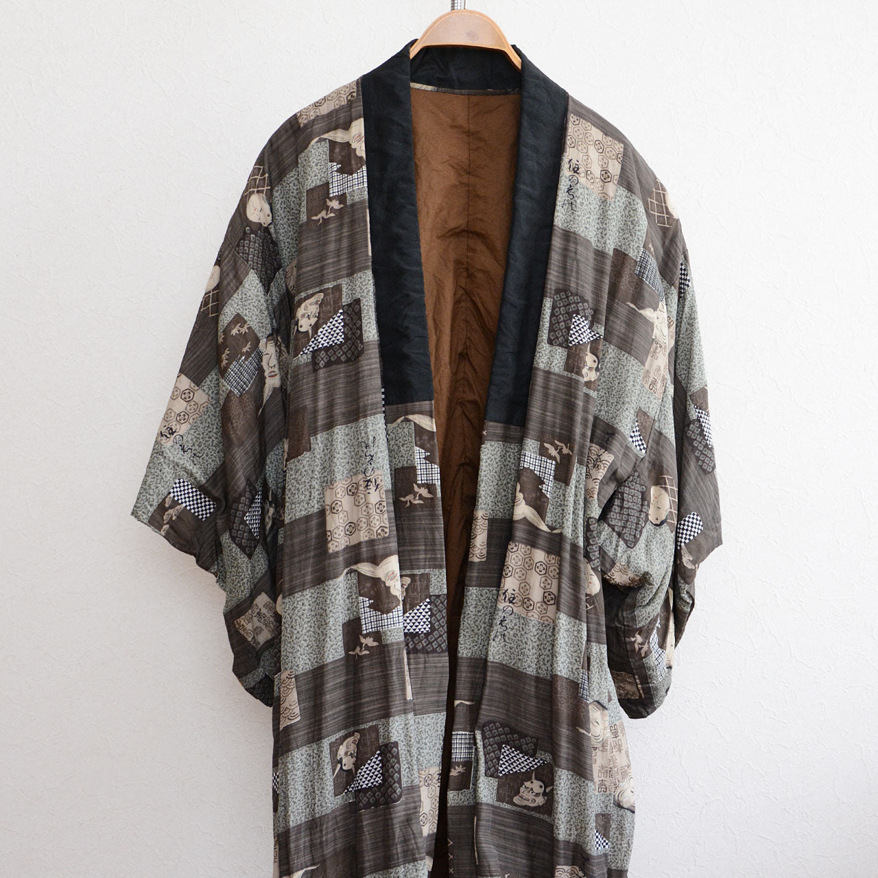 1970s vintage Japanese kimono robe with traditional folklore mask patterns