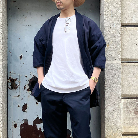 Vintage Noragi jacket with indigo collar and faded stripe cotton fabric