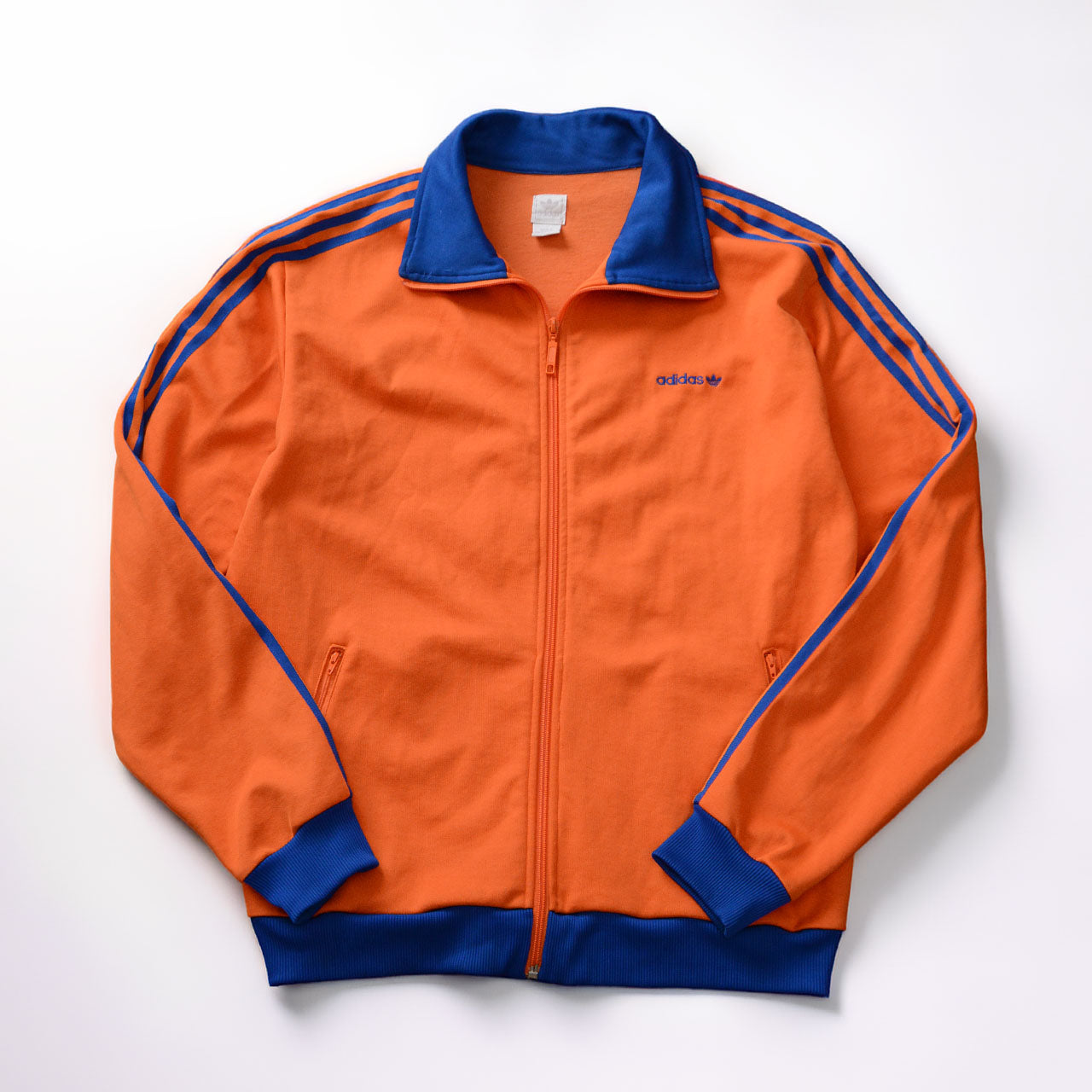 adidas track jacket, orange, royal blue 3-stripes, trefoil embroidered logo, size L