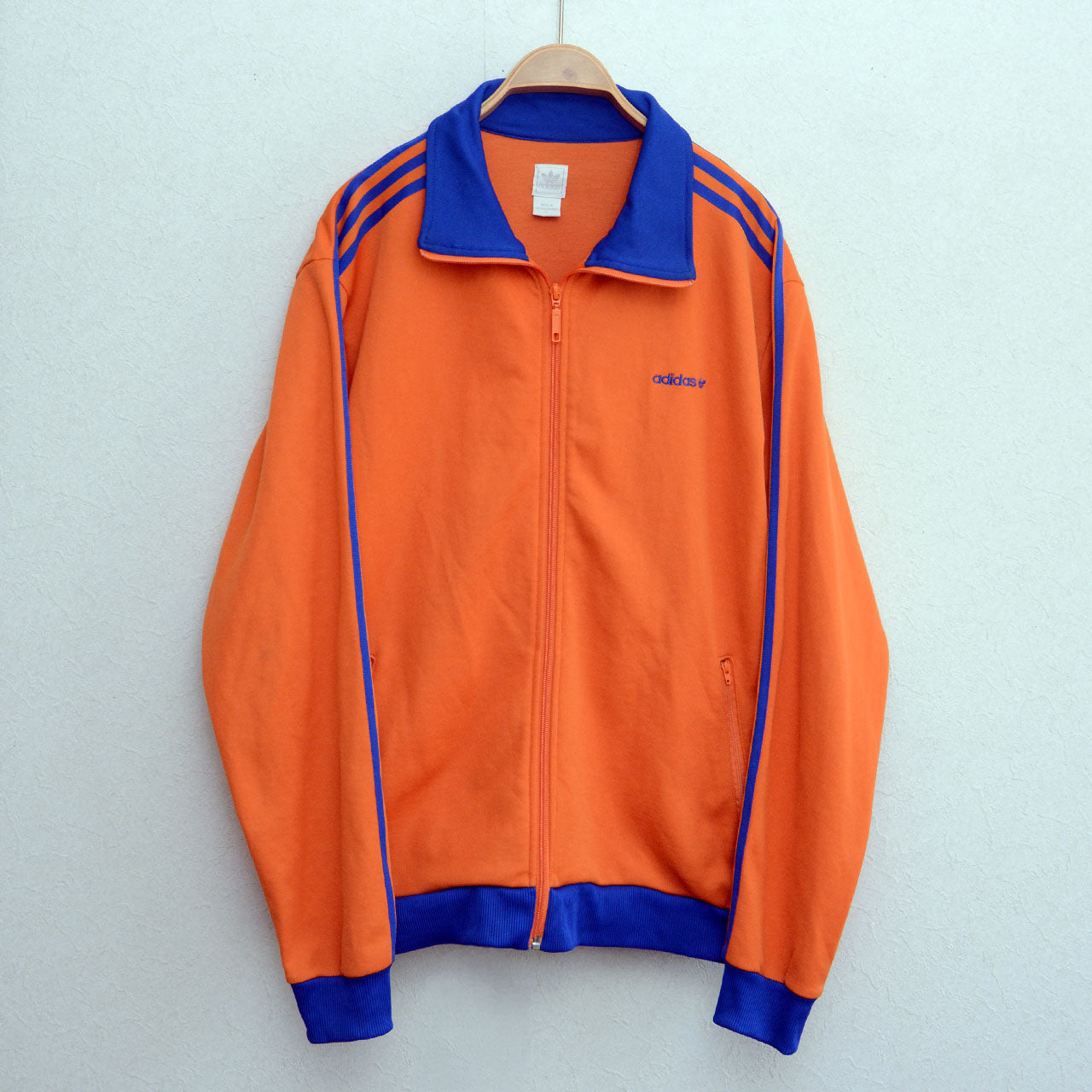 adidas orange track jacket, royal blue ribbed collar and cuffs, full-zip, 3-stripes