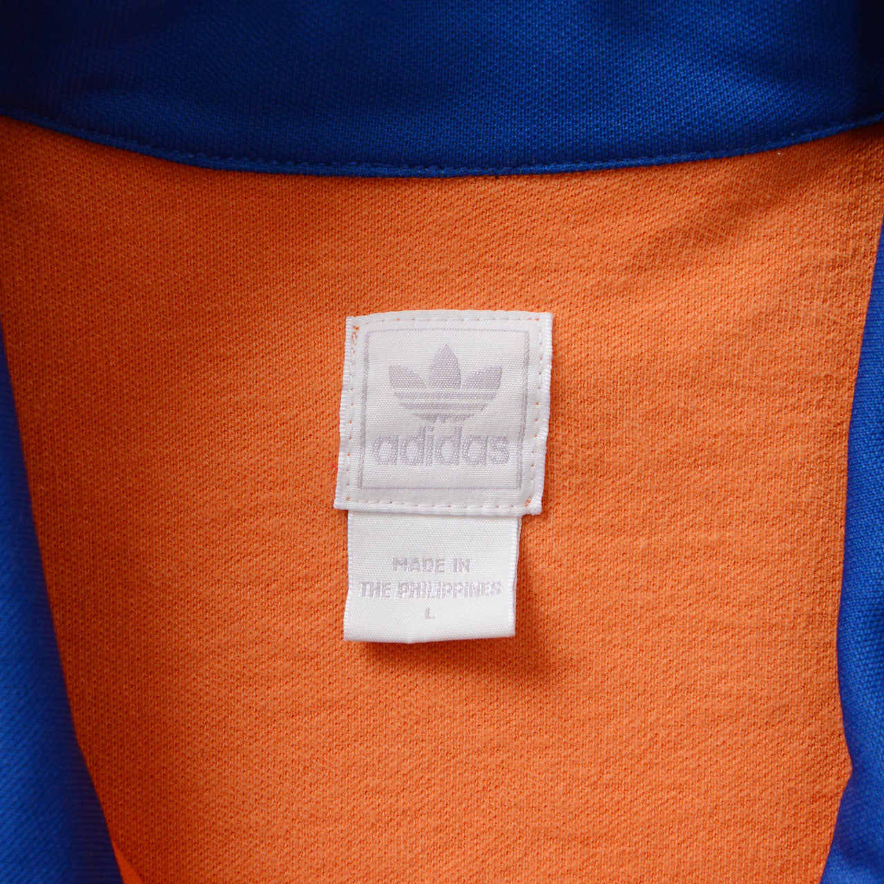 adidas track jacket, trefoil embroidery, orange and royal blue, zip side pockets