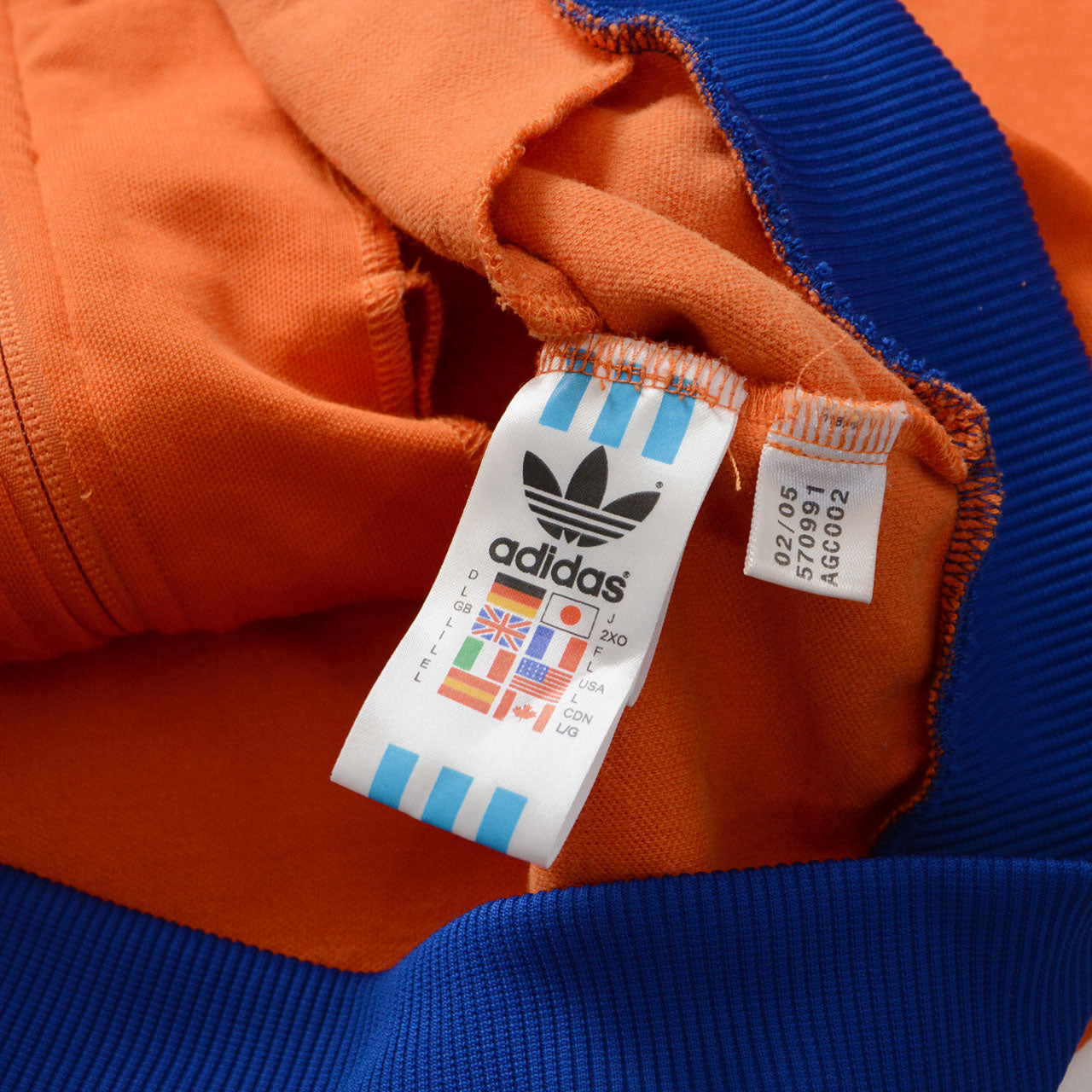 adidas full-zip track jacket, orange, royal blue 3-stripes, ribbed hem and cuffs