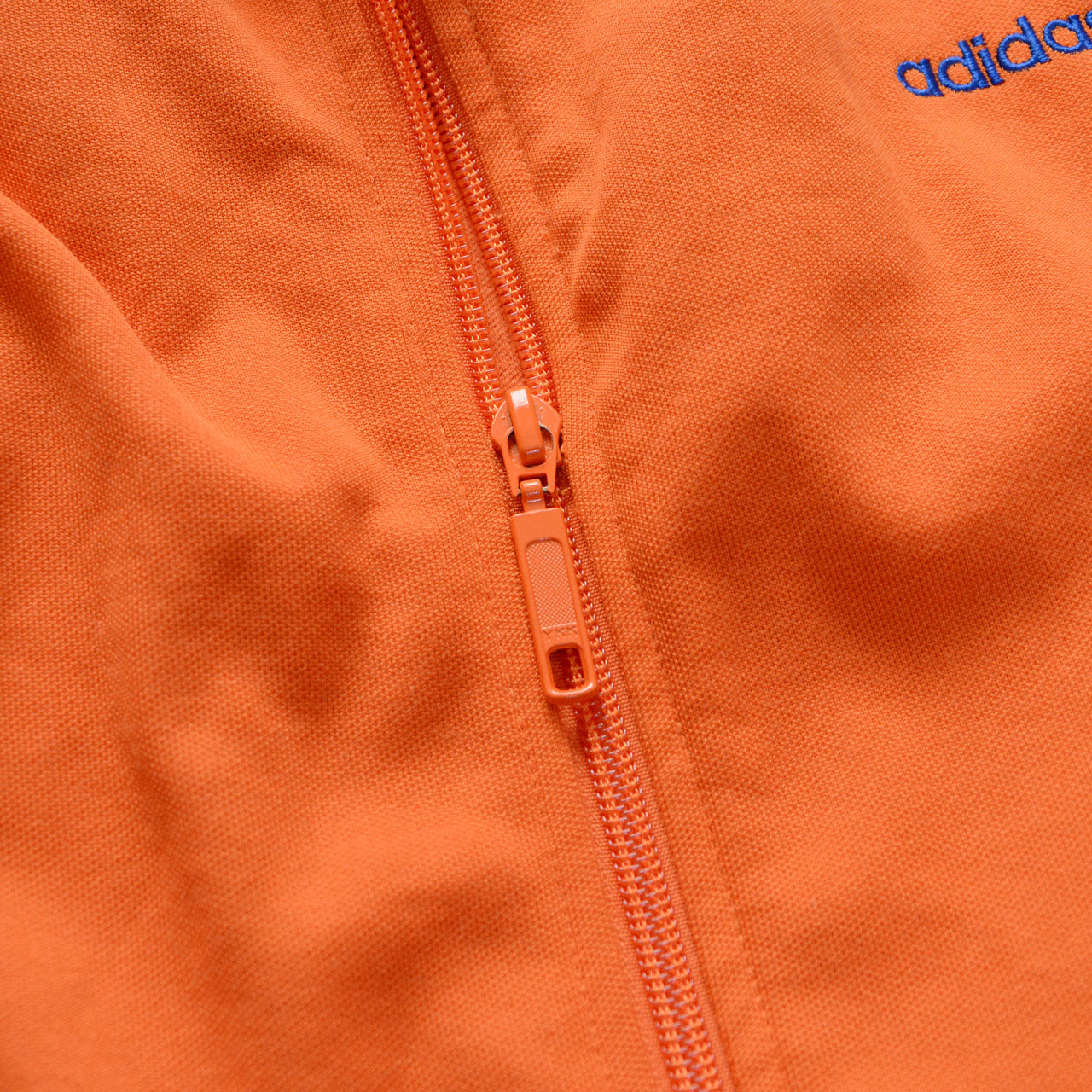 adidas track jacket, orange and royal blue, ribbed trim, full-zip, trefoil emblem