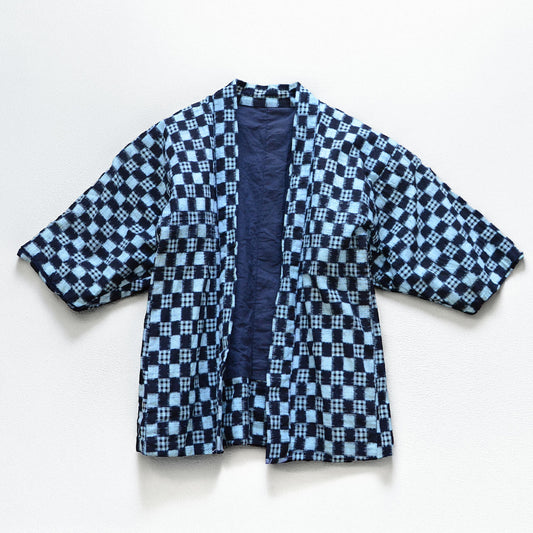 Early Showa era indigo-dyed kasuri cotton haori, plaid ikat weave, Japan vintage
