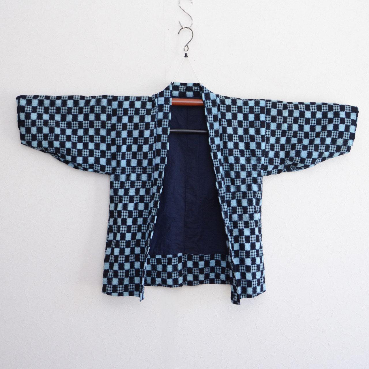 Antique Japanese cotton haori, indigo and white kasuri plaid pattern, early 20th century