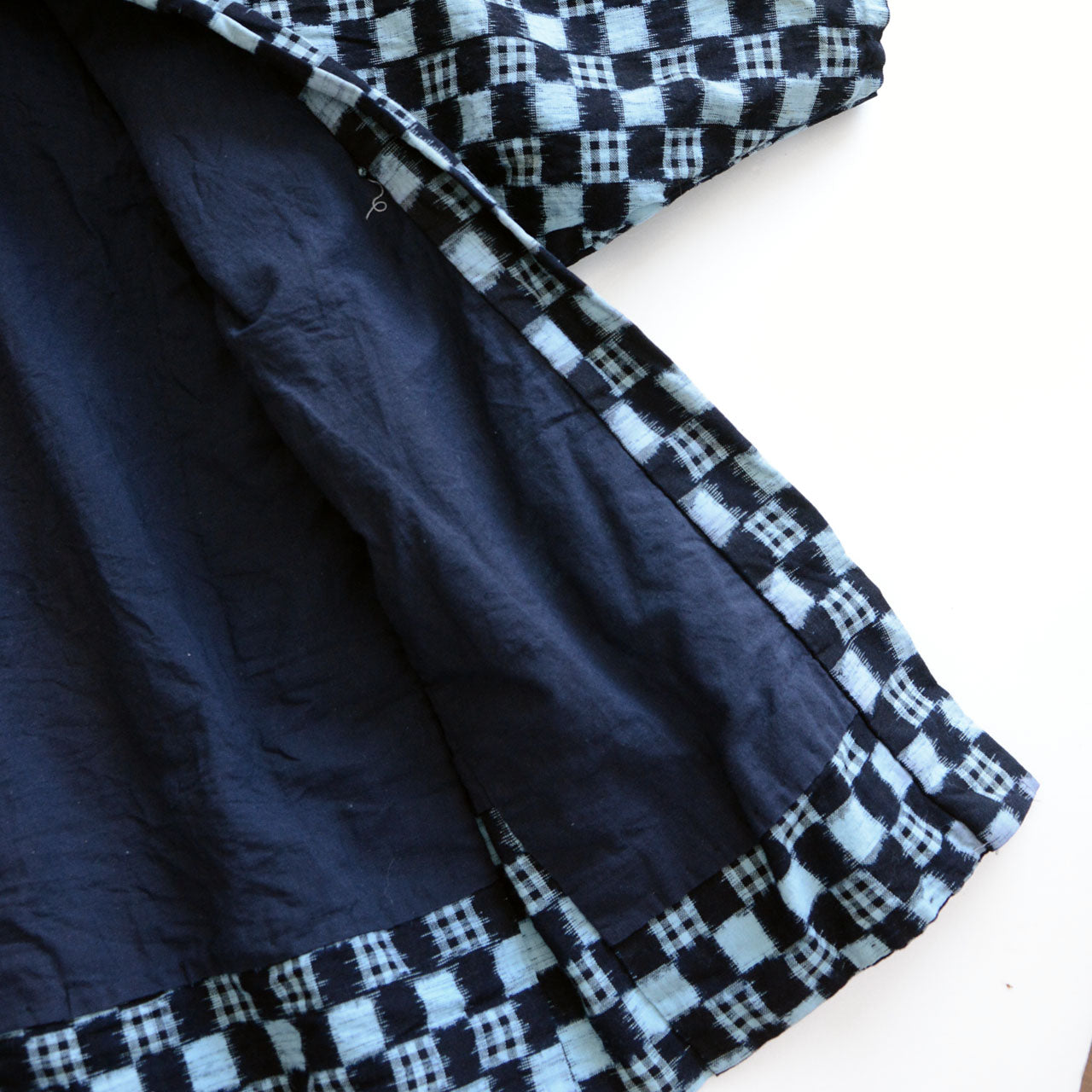 Aged indigo cotton haori, traditional kasuri ikat plaid, early Showa Japan vintage
