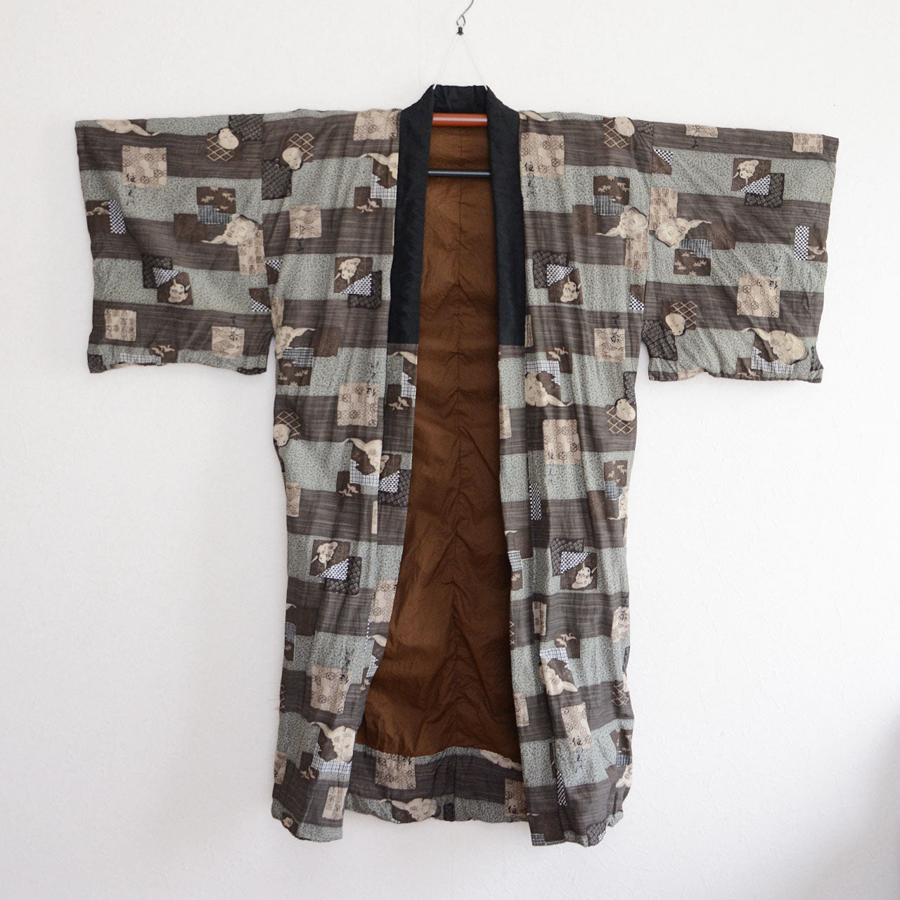 Vintage Japanese kimono featuring Hannya, Okina, and Otafuku motifs