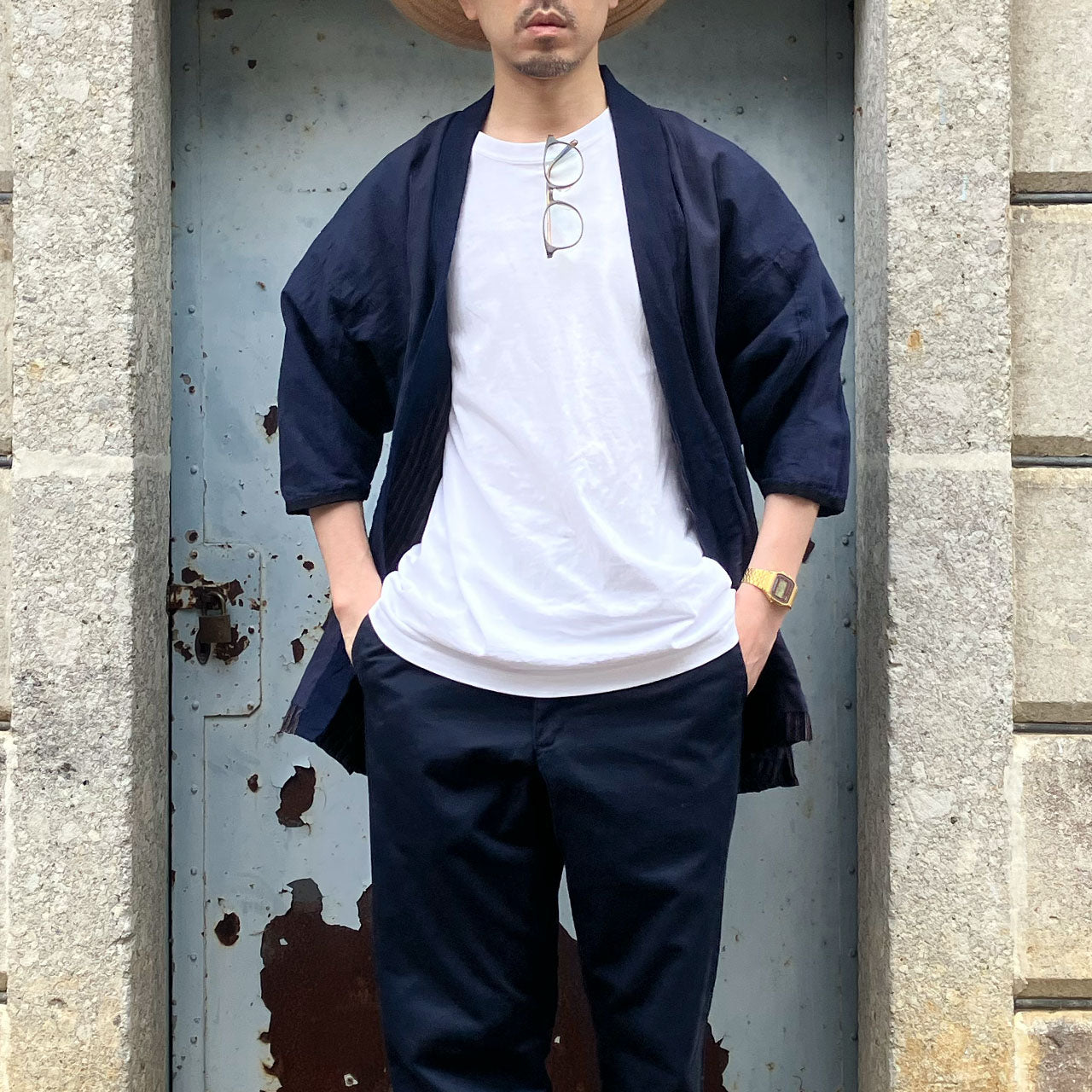 Vintage Japanese Noragi with non-indigo striped body and indigo collar