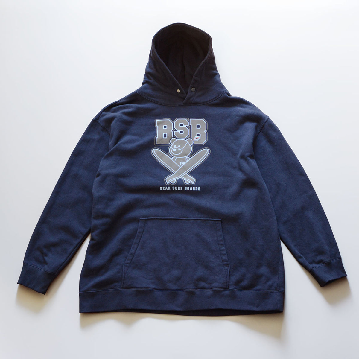 Navy BEAR SURFBOARDS cotton hoodie with BSB bear and crossed surfboards graphic, size 3L