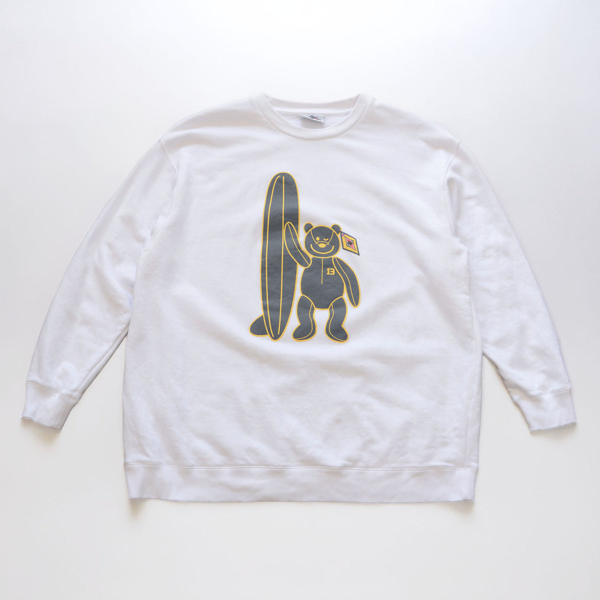 White BEAR SURFBOARDS cotton sweatshirt with a bear holding a surfboard graphic